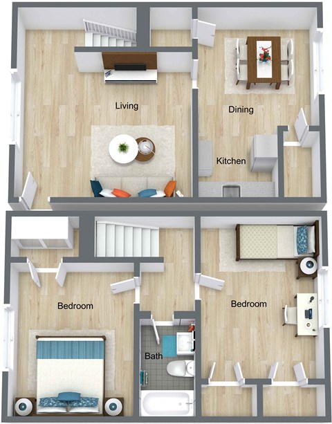 Floor plan for 2 beds, 1 bath, 1050 sqft